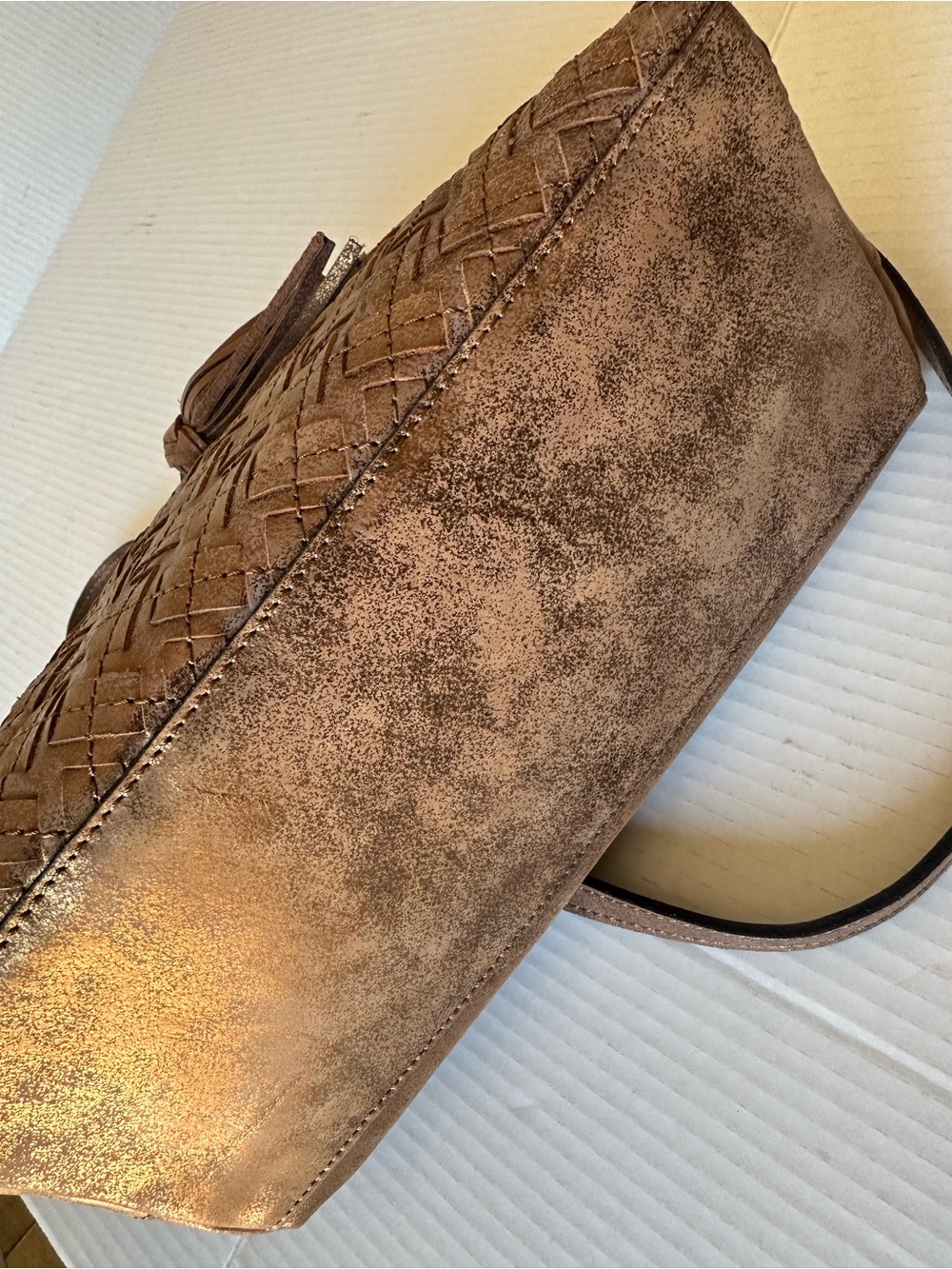 Patricia Nash Leather Braided Clutch CutOut Satchel Crossbody Strap Bronze Brown - Picture 4 of 11
